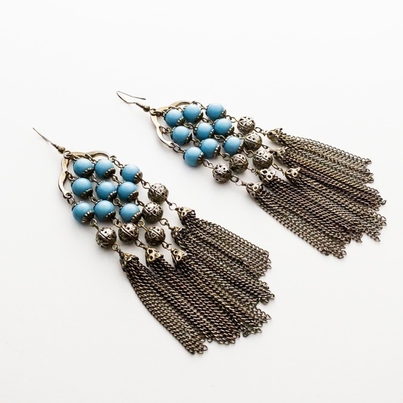 Silver Metallic Long Beaded Tassel Chandelier Drop Dangle Statement Earrings - Picture 2 of 5